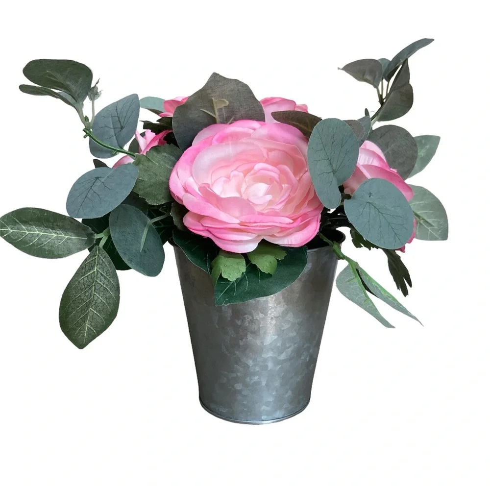 Petal Pink Silk Rose Arrangement Hammered Tin Style Bucket Love Blooms Eternal